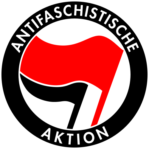 Antifa-Logo rpt-schwarze Fahne nach links im Rettungsring